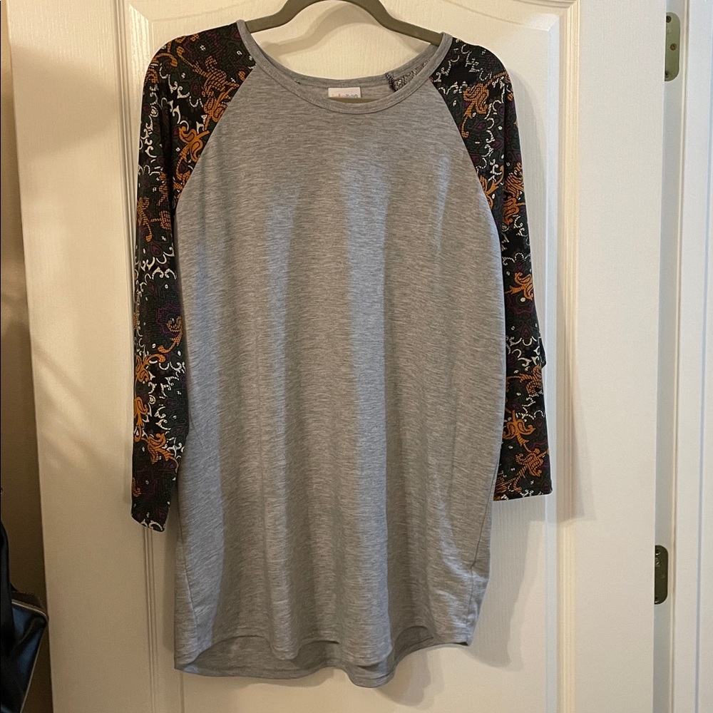 LuLaRoe Gray Top with Black and Orange Sleeves